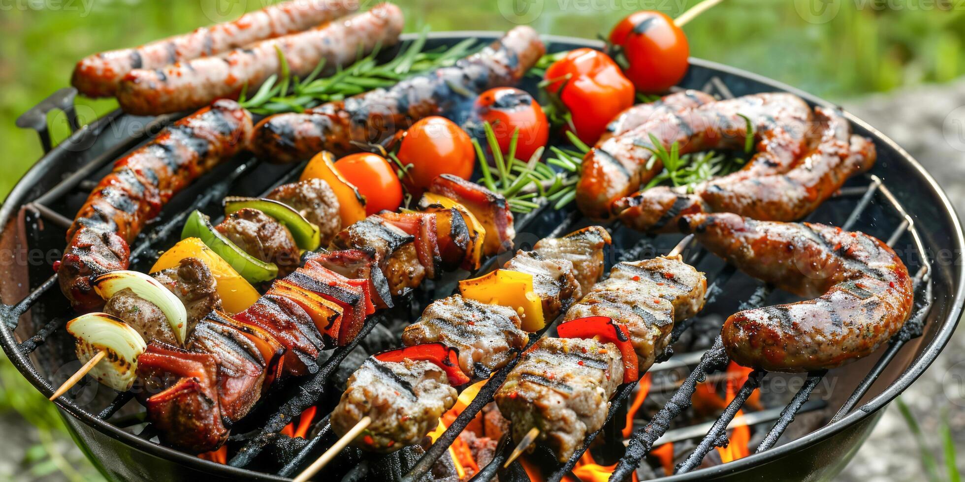 Grilling sausages and skewers on barbecue grill photo