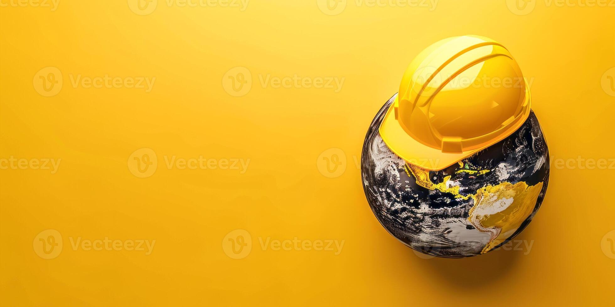 Global safety concept with earth and hard hat on yellow background photo