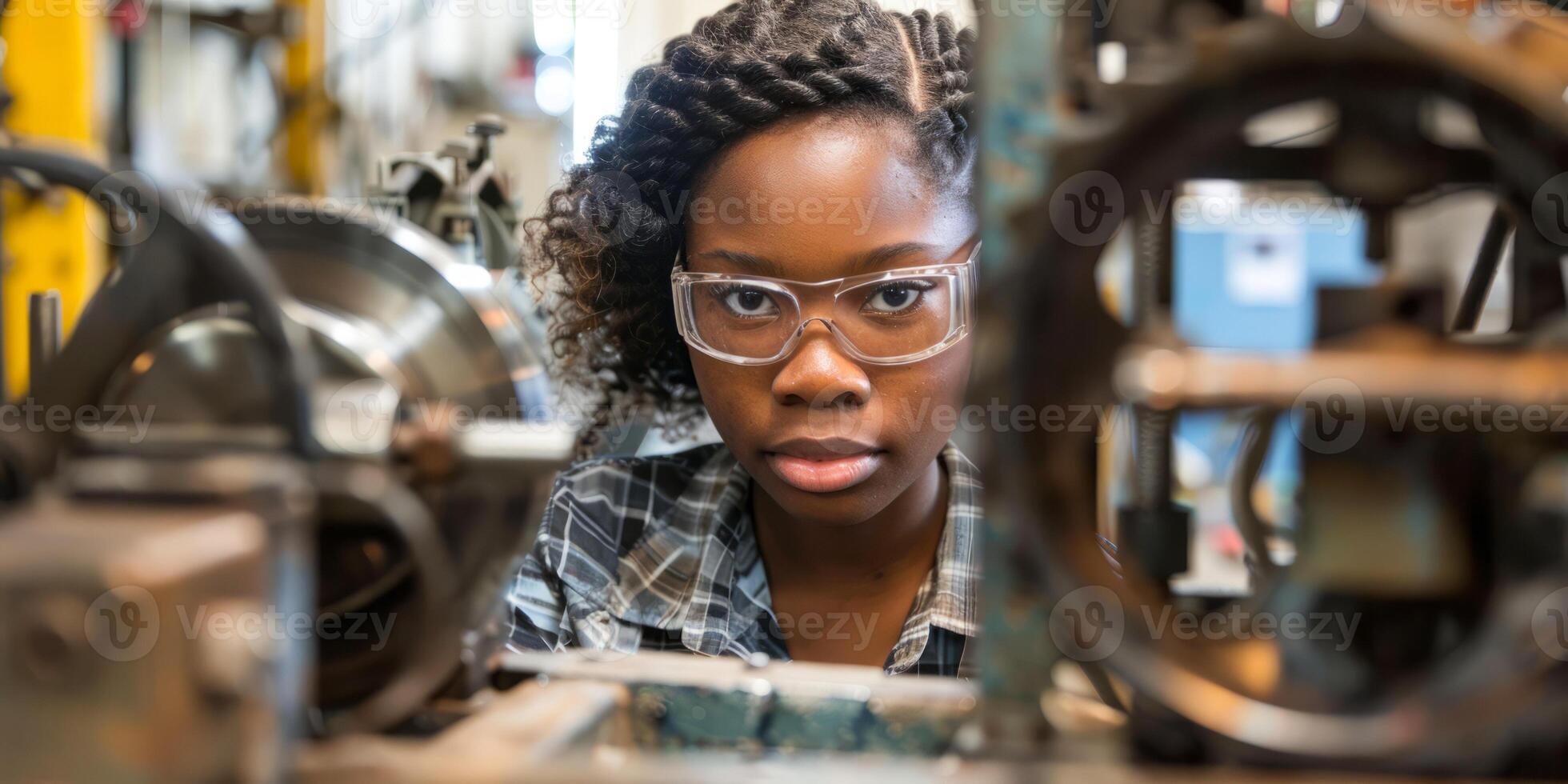 Focused African American girl working with machinery in factory photo