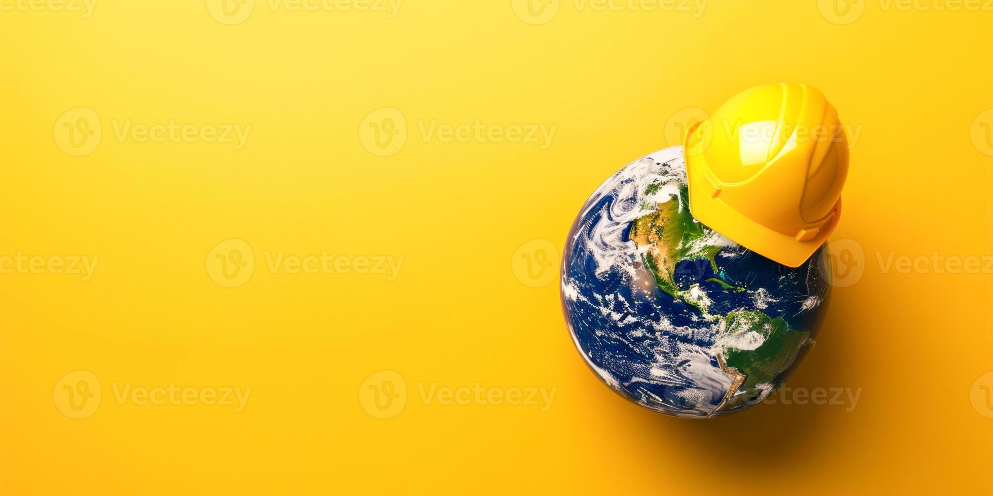 Earth with yellow hard hat on yellow background photo