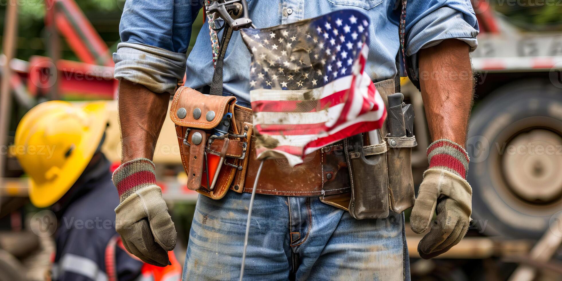 Construction worker with USA flag and tools on site photo