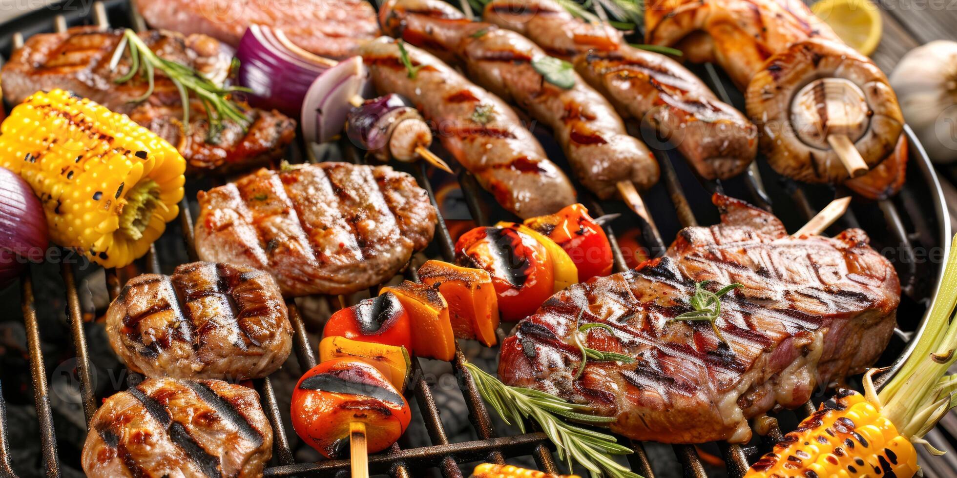 Mixed grill with meats, sausages, and vegetables on barbecue photo