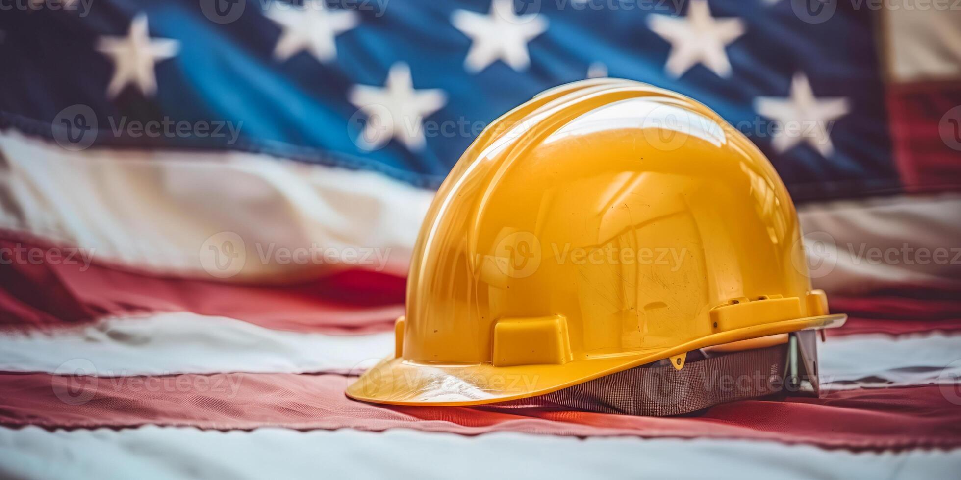American Flag with Yellow Hard Hat - Patriotic Labor Day photo