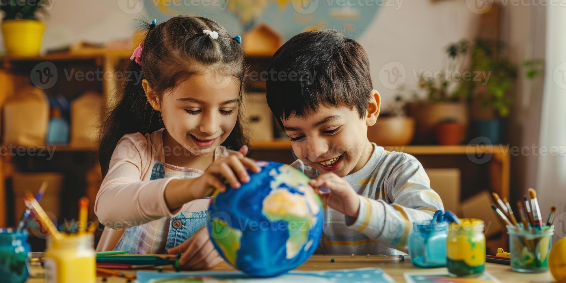 Children learning geography with a globe in a classroom photo