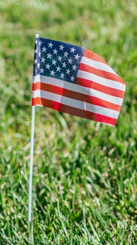 Small American flag on grassy field for patriotic celebration photo