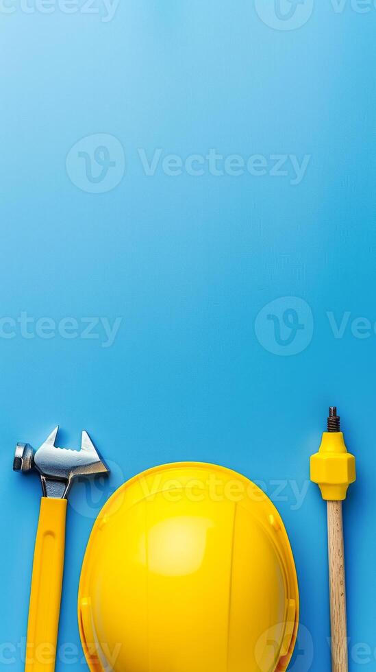 Yellow hard hat and tools on blue background photo