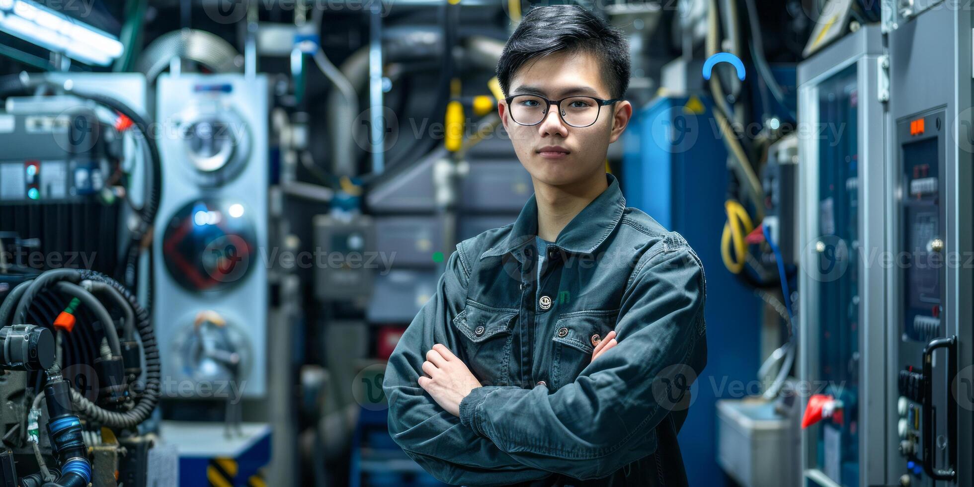 Portrait of young Asian worker in an industrial setting photo