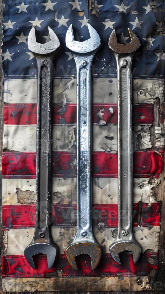 American Flag and Vintage Wrenches for Labor Day photo