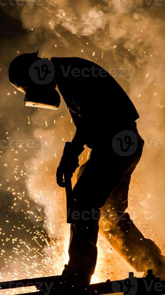 Steelworker in action with welding sparks at night photo