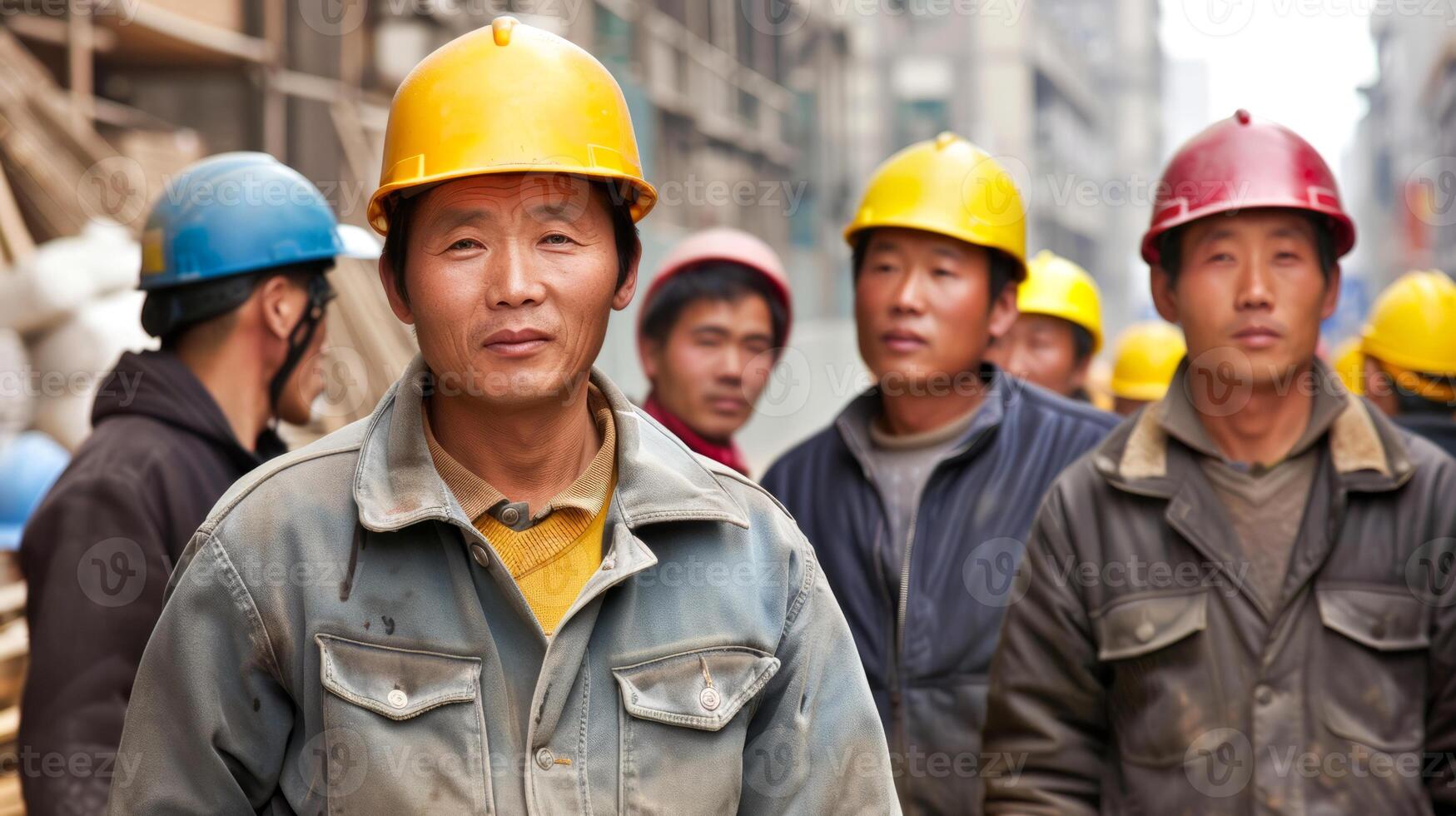 Asian construction workers in an urban setting with helmets photo