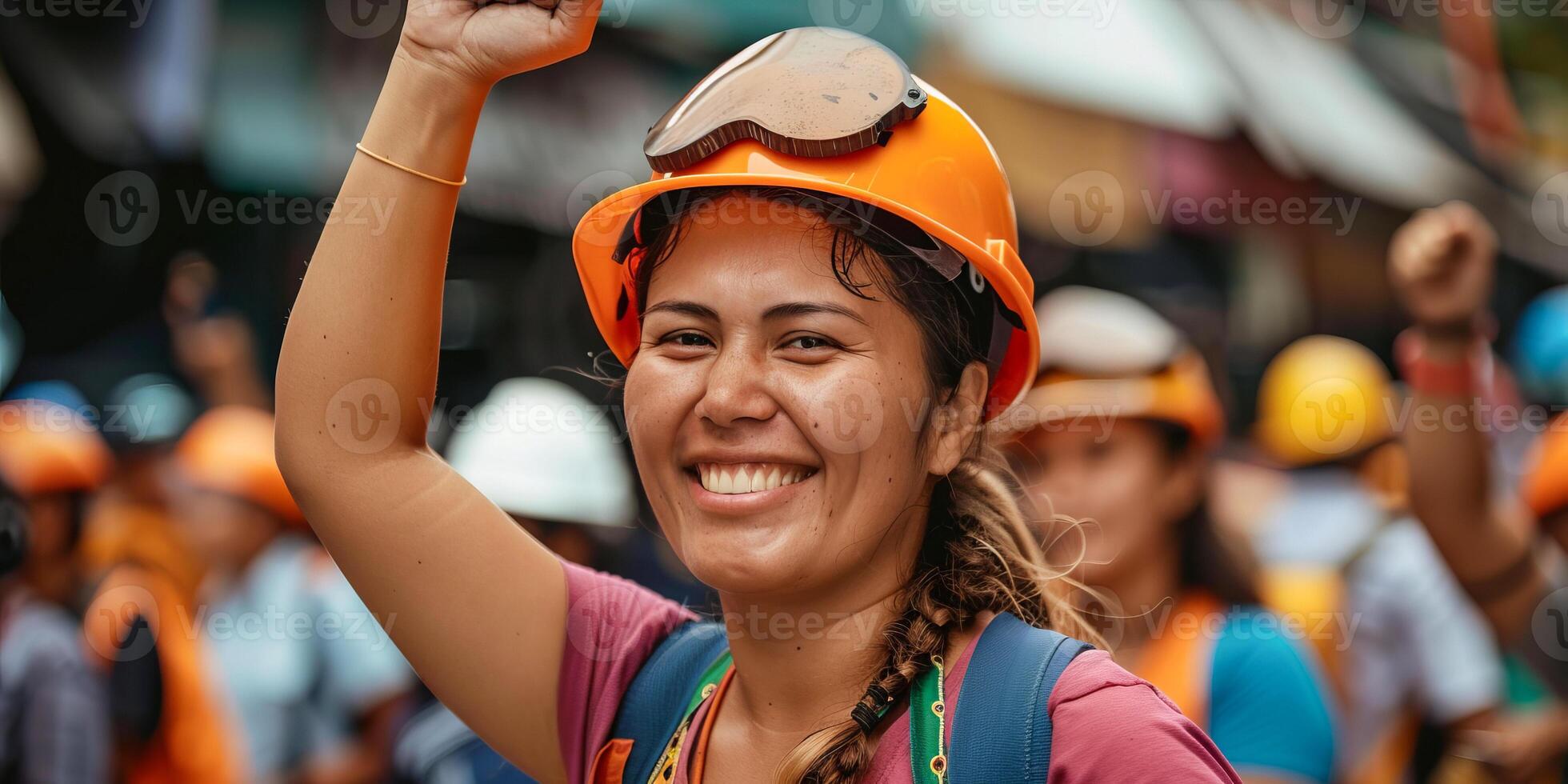 Workers Waving Fists in Protest for Labor Rights photo