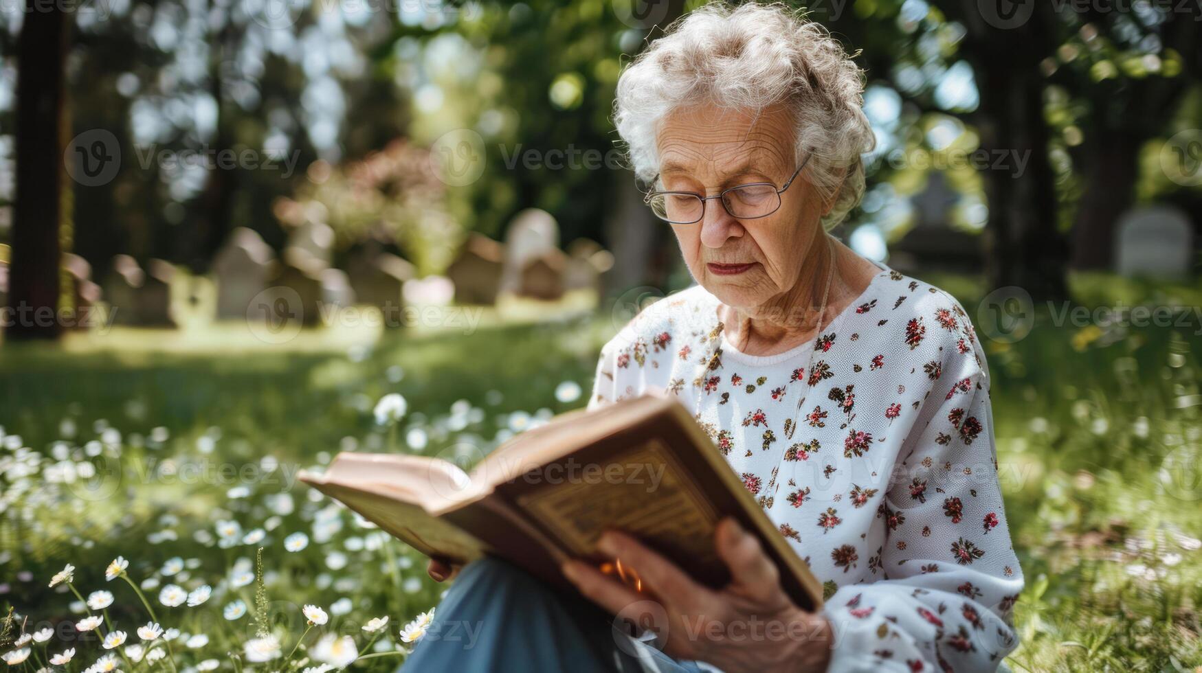Elderly woman reading book in sunny garden photo