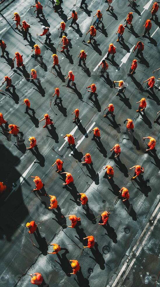 Aerial view of organized construction workers in orange uniforms photo