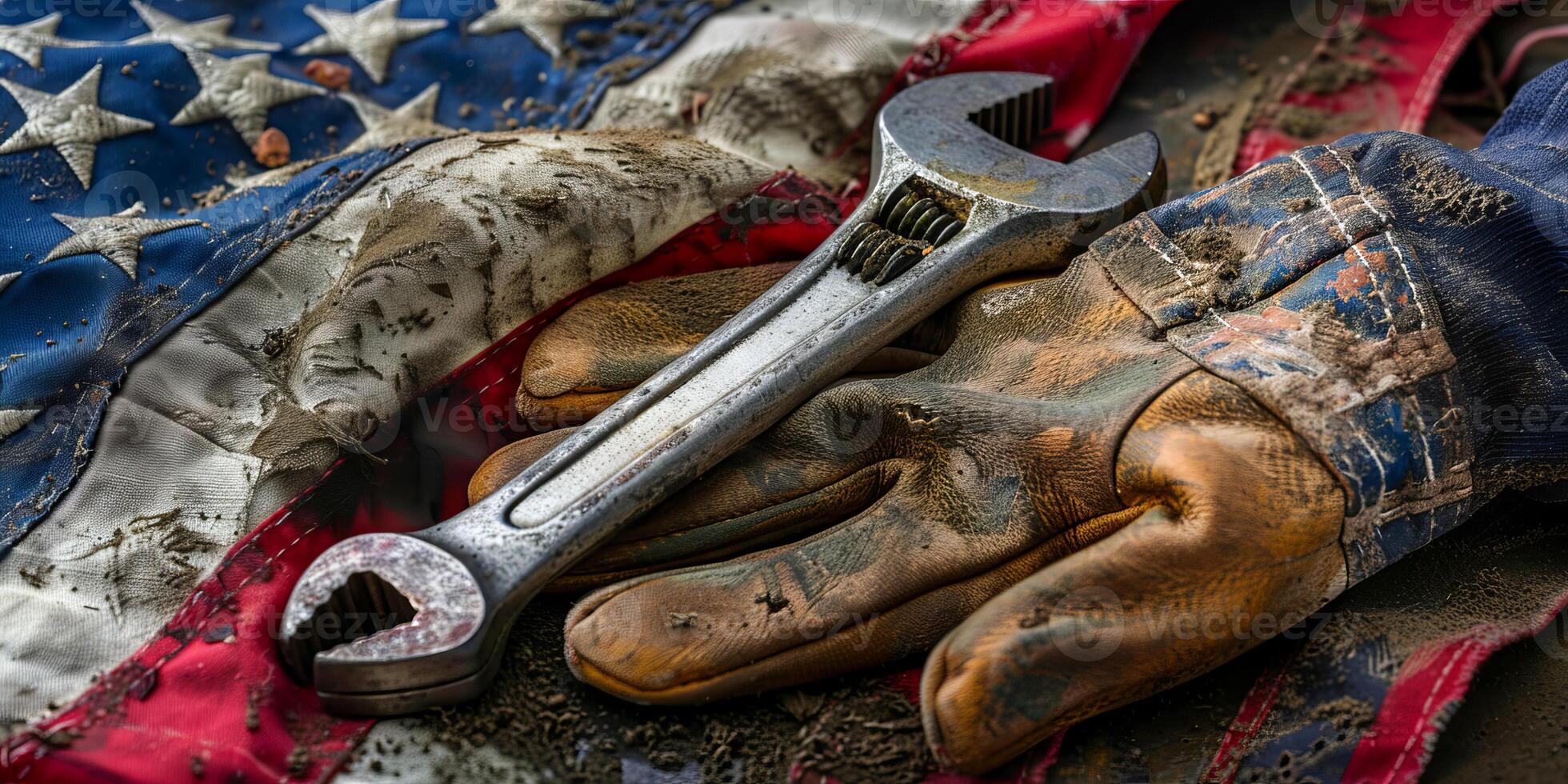Old Work Glove with Wrench on USA Flag, Labor Day Concept photo