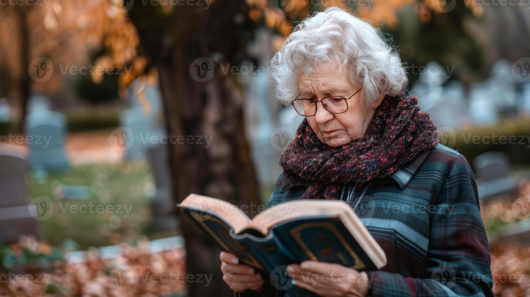 Elderly woman reading in a cemetery during autumn photo