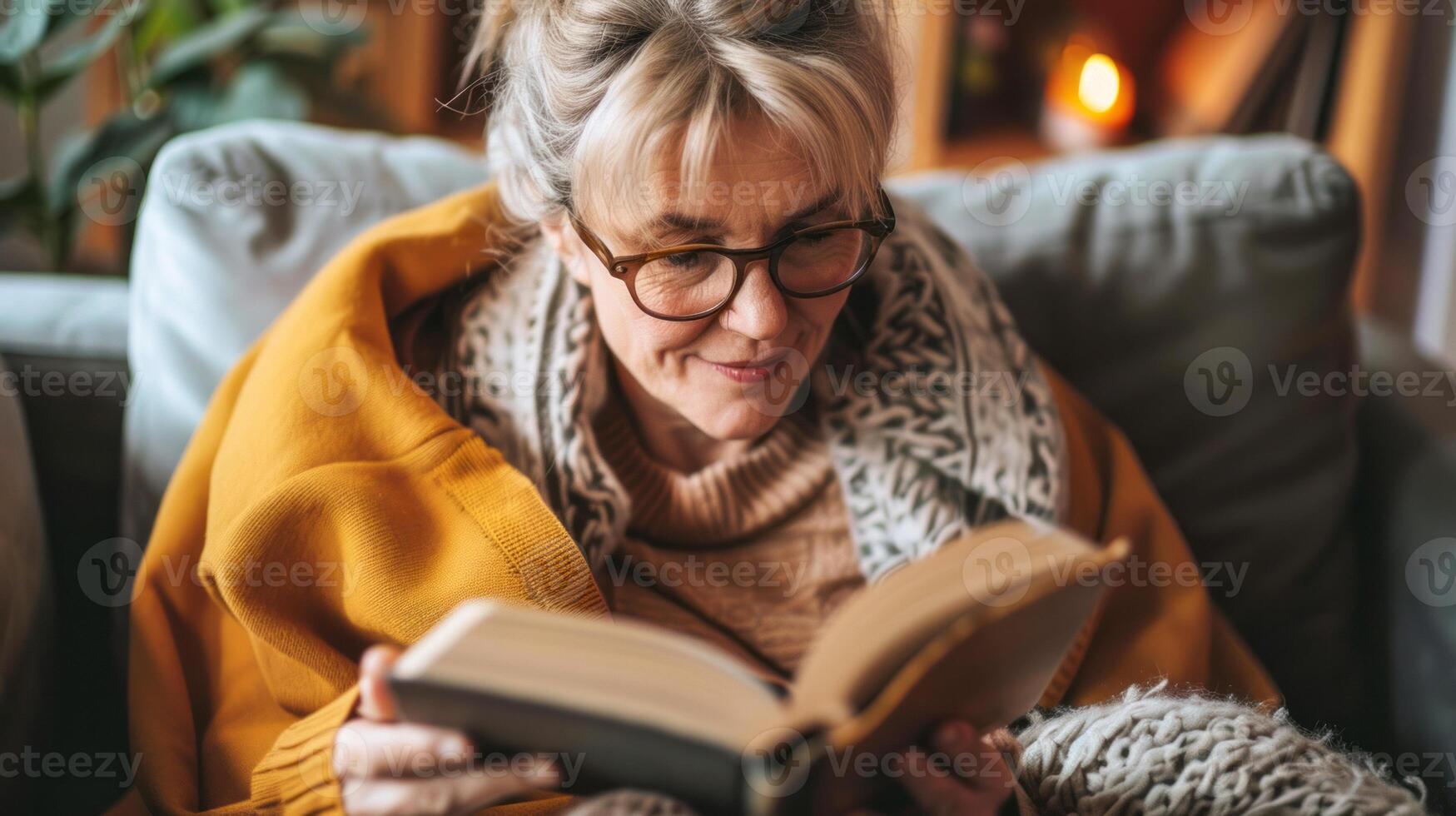 Mature woman enjoying a book in warm home photo
