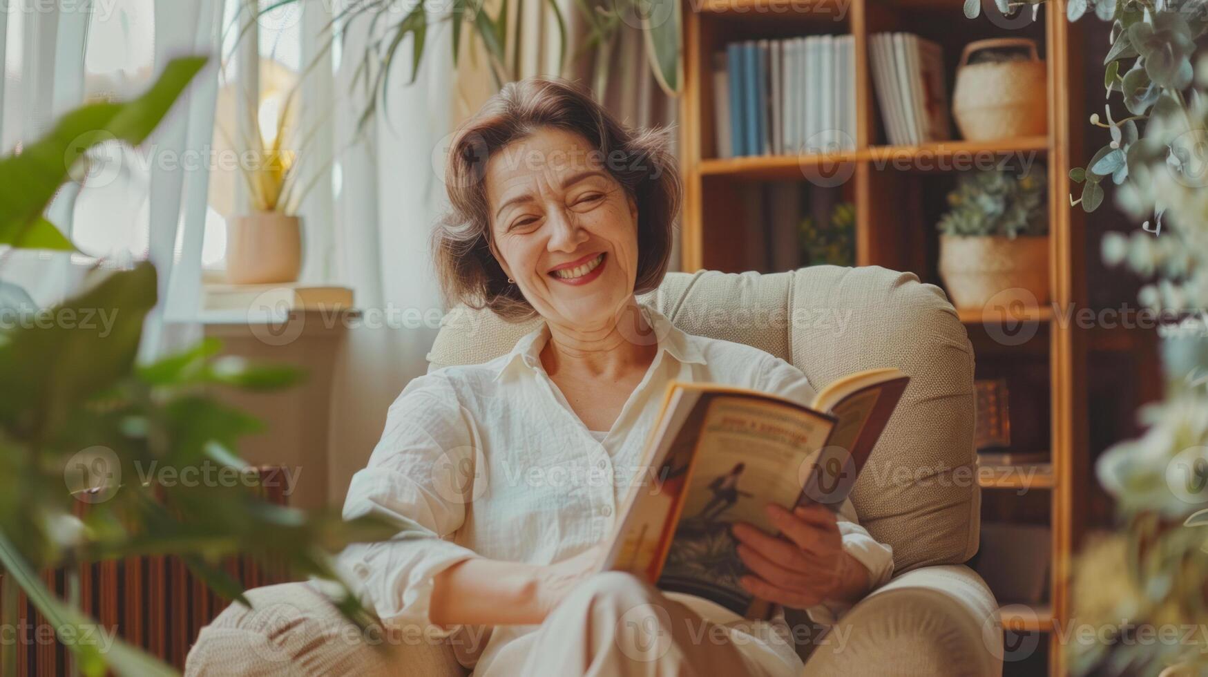 Senior woman reading a book in cozy living room photo