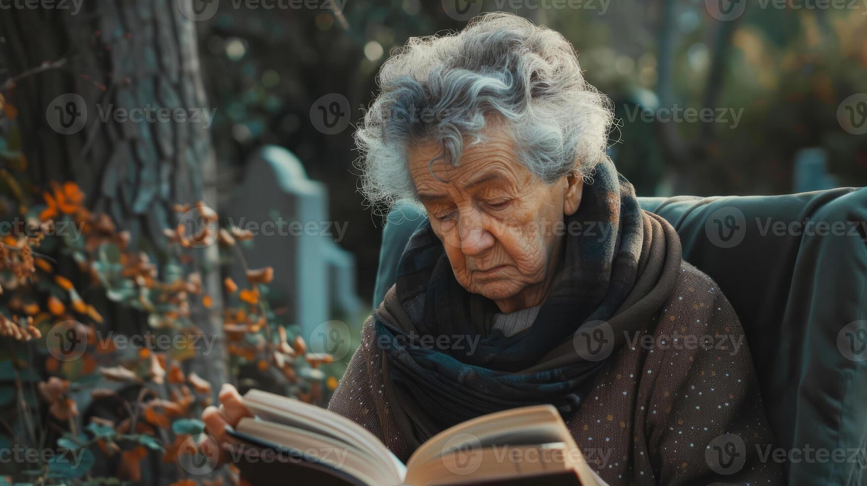 Elderly woman reading a book in an outdoor park photo