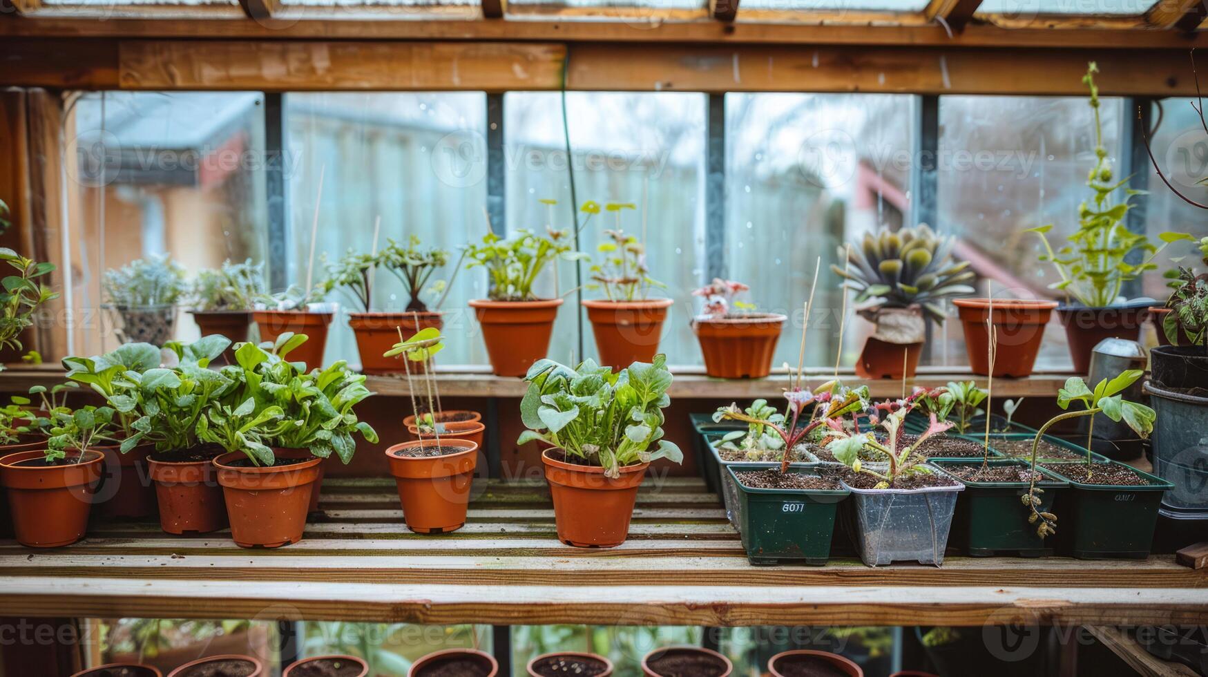 Close-up of seedlings in trays within a greenhouse photo