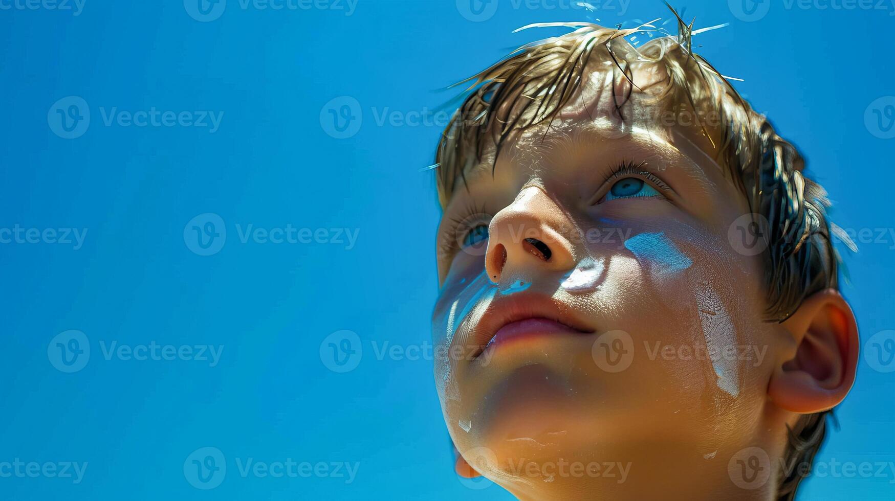 Close-up of Boy with Sunscreen on Face Under Blue Sky photo