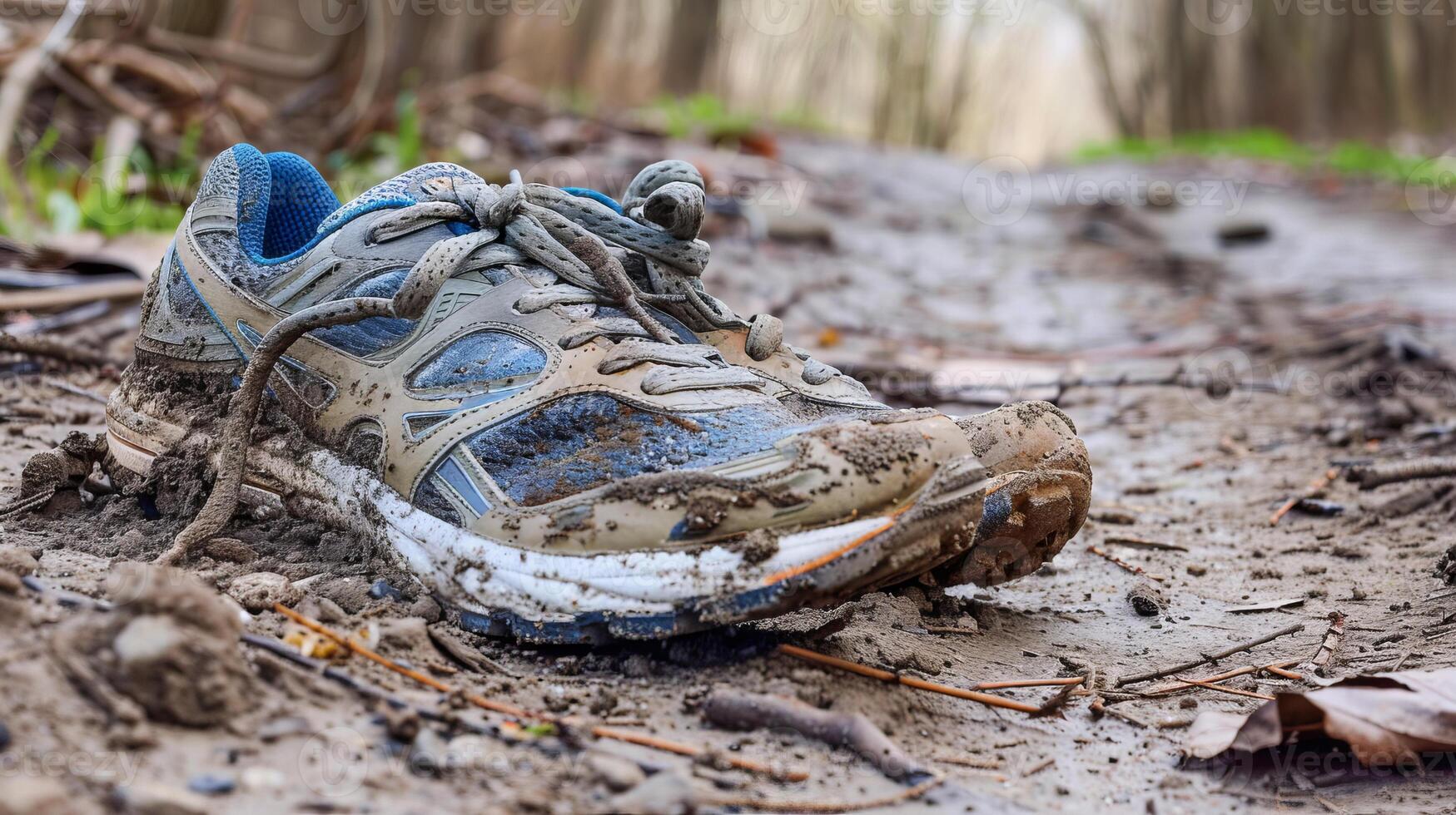 Abandoned dirty running shoe on a forest trail photo