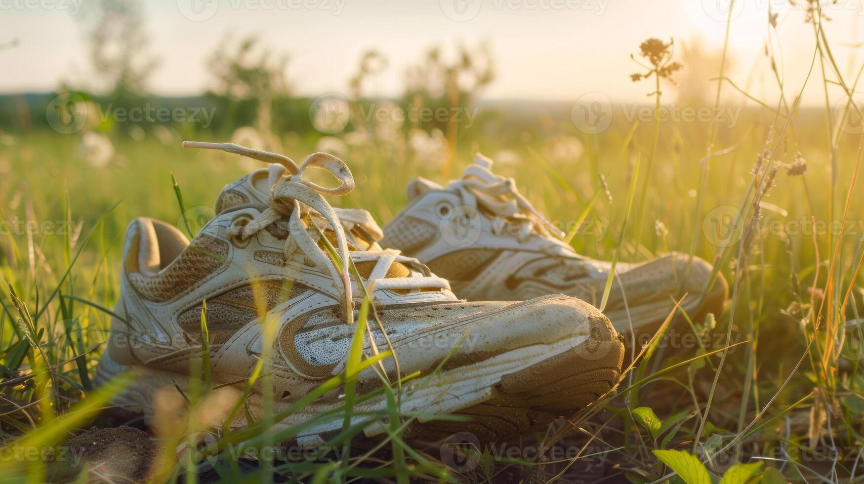 Pair of running shoes resting in a grassy field at sunset photo