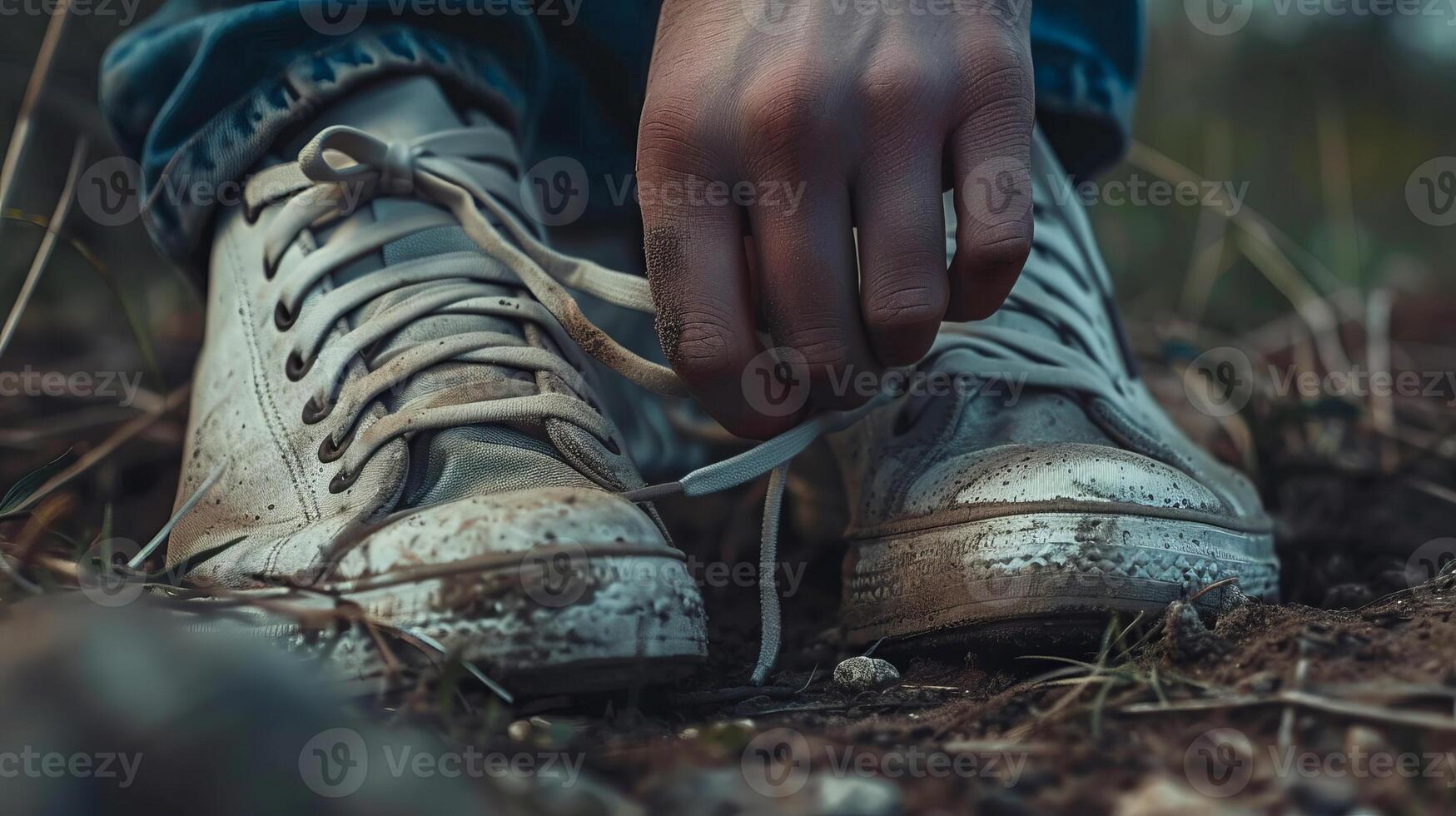 Dirty white sneakers being laced up for an outdoor adventure photo