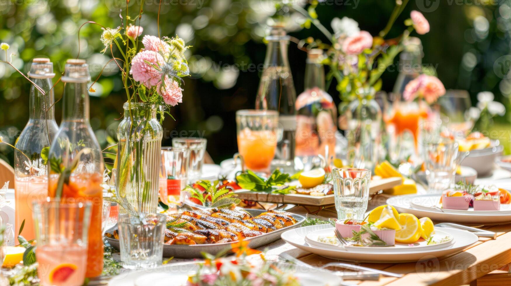 Close-up of table set for summer garden party with flowers photo