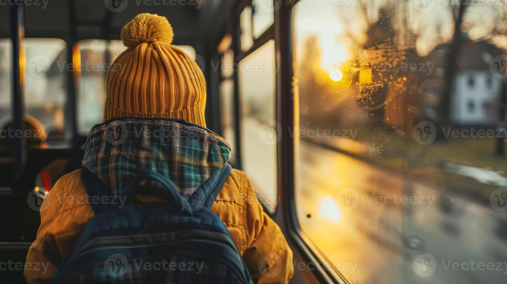 Boy in warm clothing looking out bus window at sunrise photo