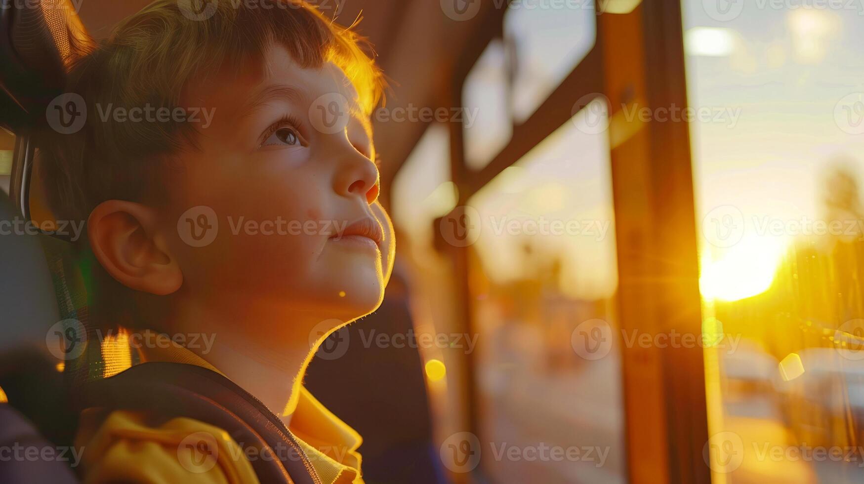 Little boy enjoying sunrise from school bus photo