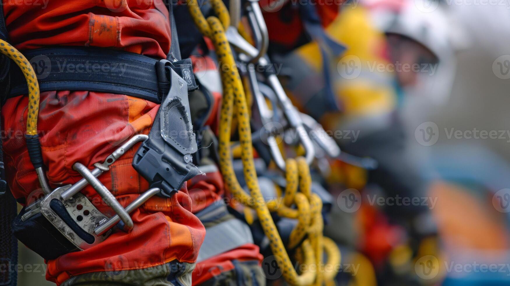 Rescue team in action with safety gear and ropes photo