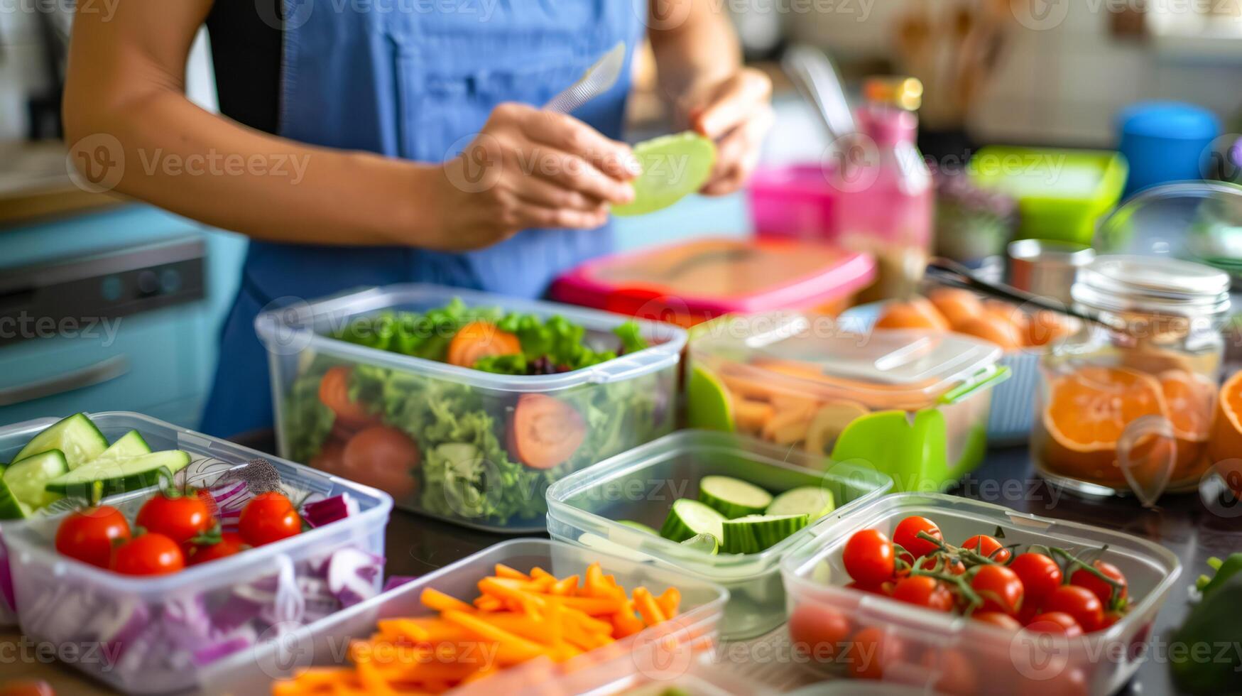 Woman assembling a nutritious lunch box in the kitchen photo