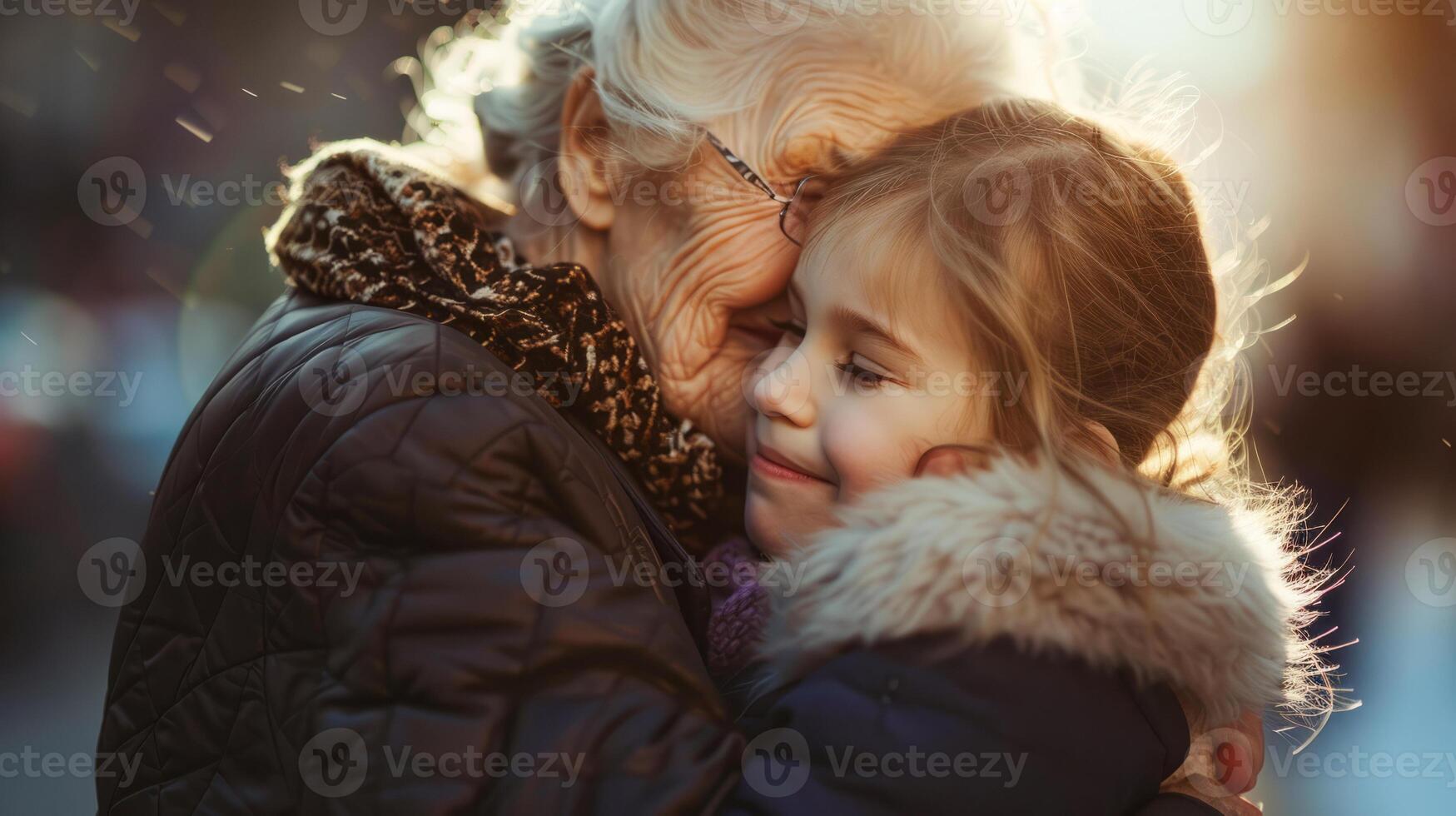 Loving grandmother hugging her granddaughter outdoors photo