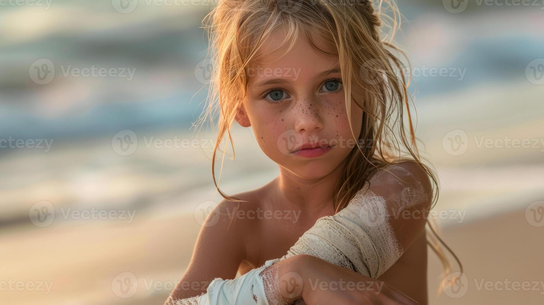 Young girl with a broken arm at the beach photo