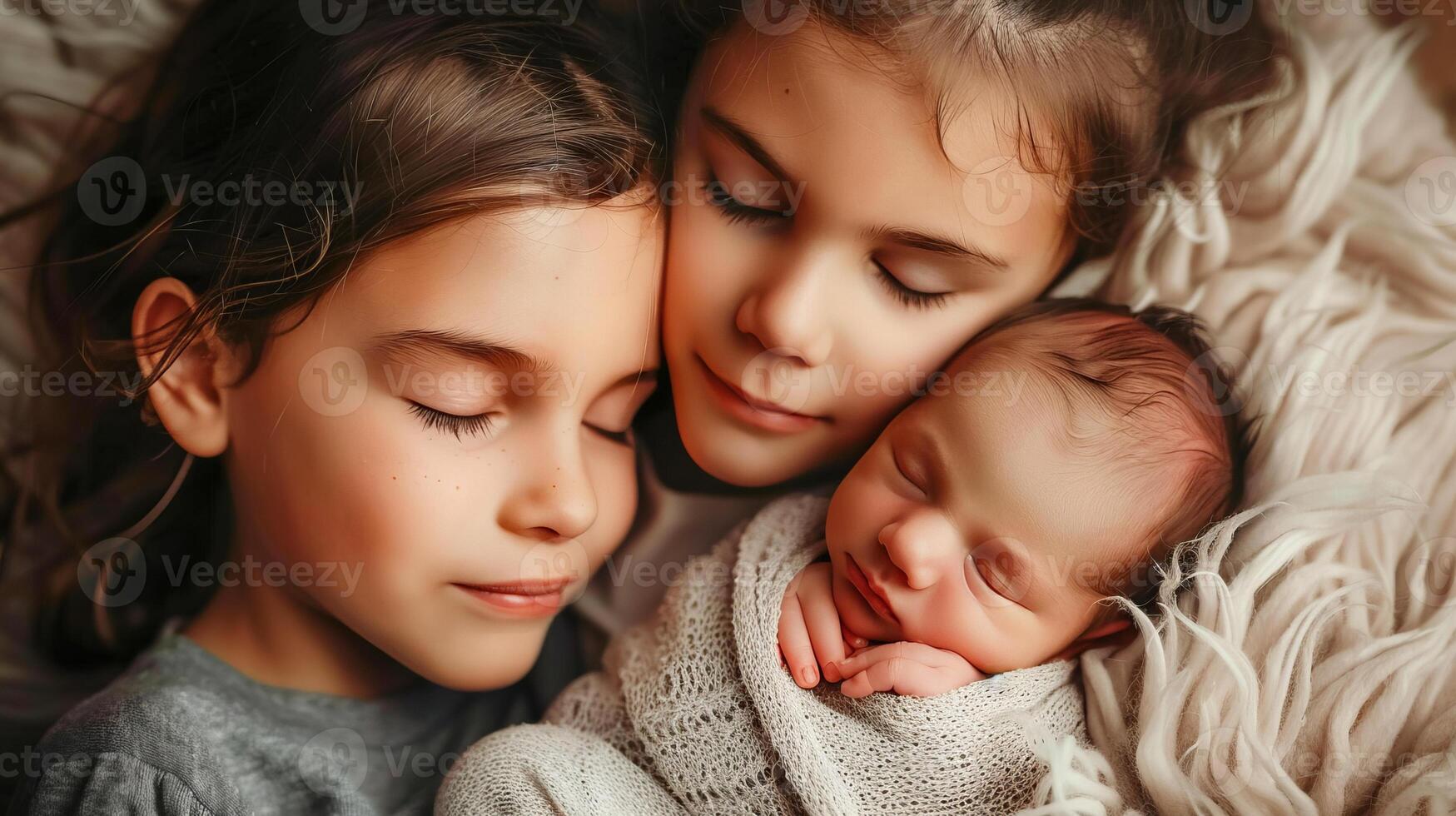 Two sisters cuddling newborn sibling photo
