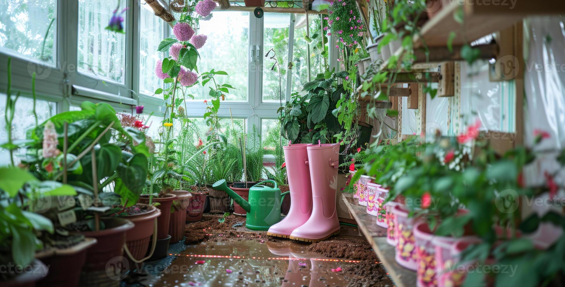 Greenhouse with pink rainboots and green watering can photo