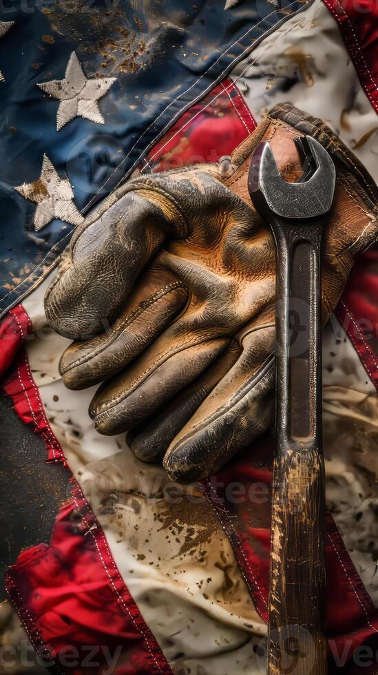 Rusty wrench and glove on worn American flag photo