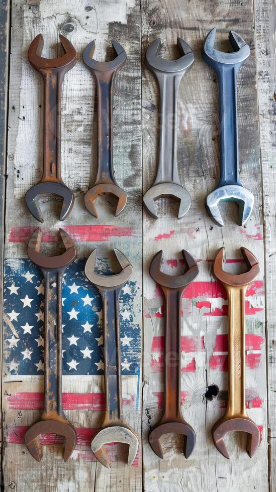 Rusty Wrenches and American Flag on Wooden Background photo