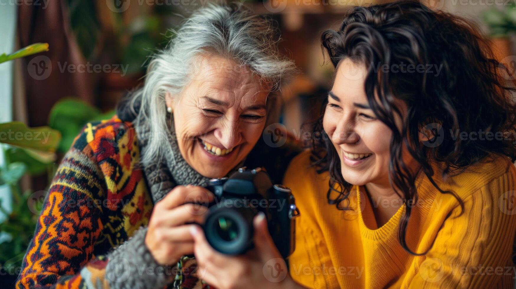 Adult daughter teaching mother photography photo