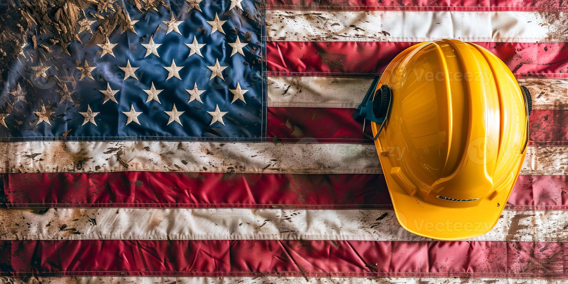 Yellow Hard Hat on American Flag Background - Labor Day photo