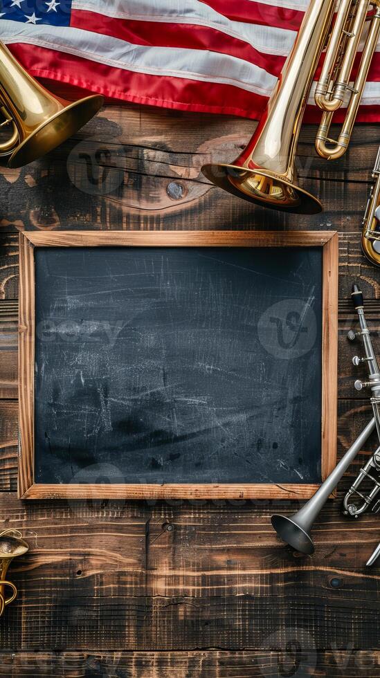 Patriotic music background with American flag and brass instruments photo
