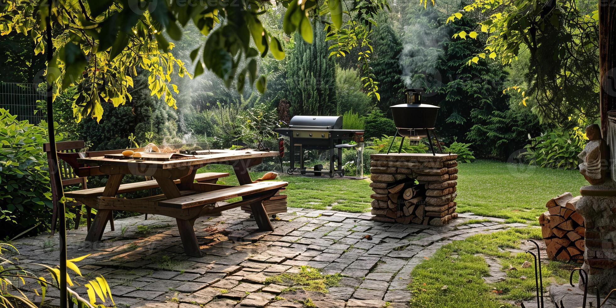 Rustic outdoor barbecue area with picnic table and grill photo