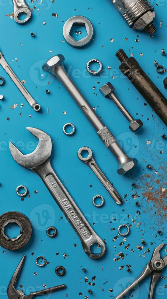 Father's Day Tools on Blue Background with Wrenches and Bolts photo