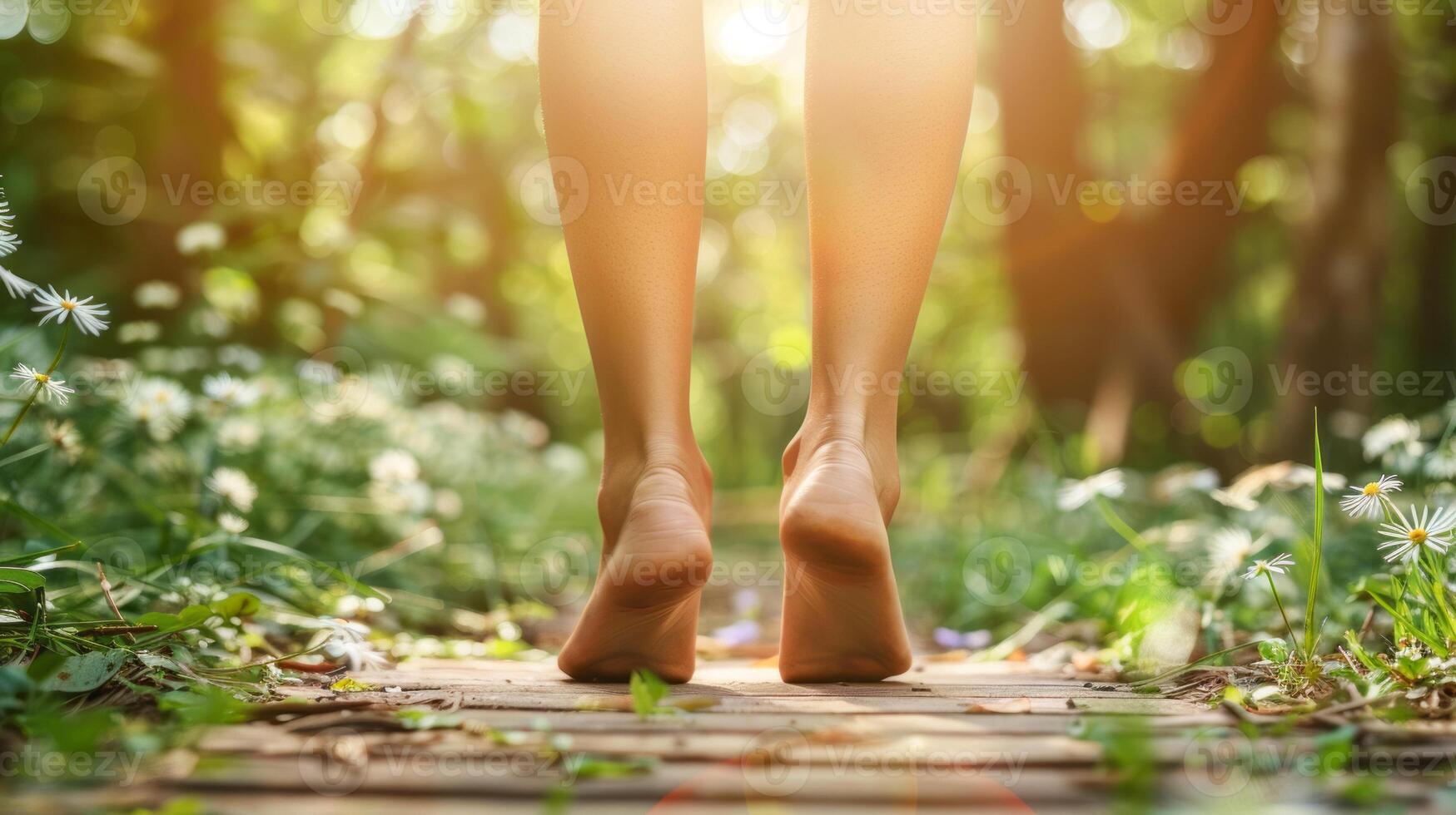 Feet of a woman walking barefoot on a wooden path in nature photo
