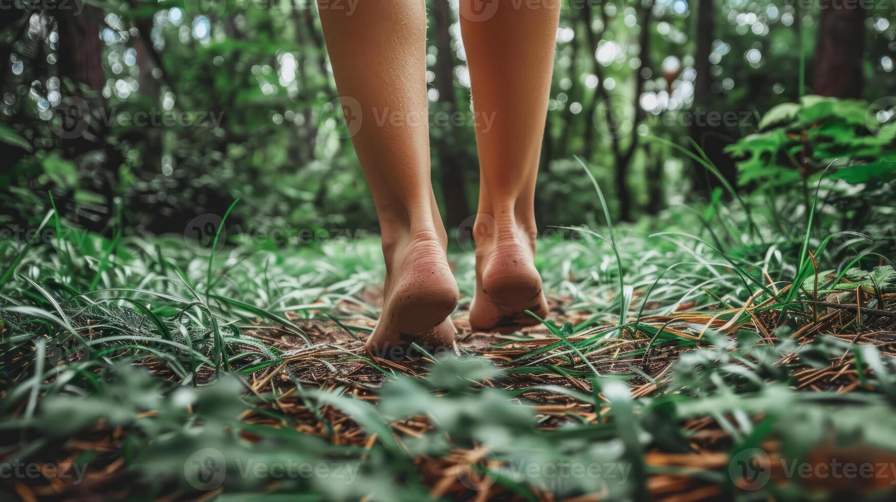 Bare feet of a woman walking on a woodland path surrounded by greenery photo