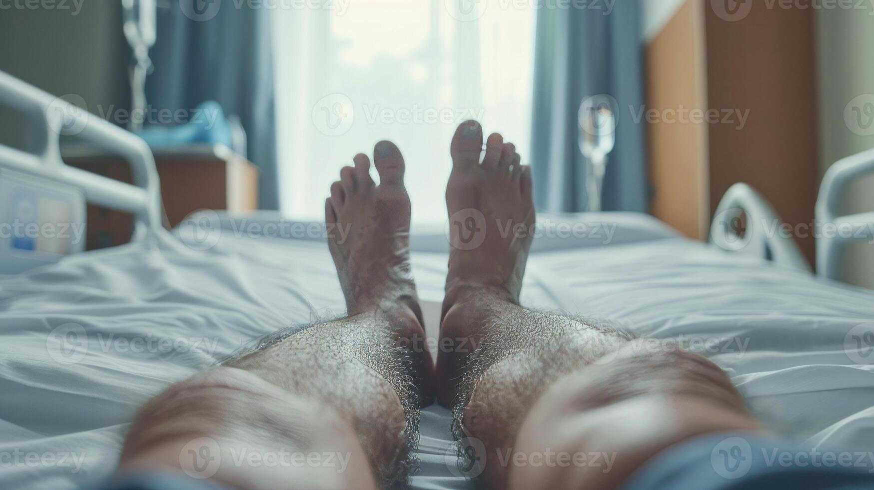 Male patient's legs on hospital bed in medical environment photo