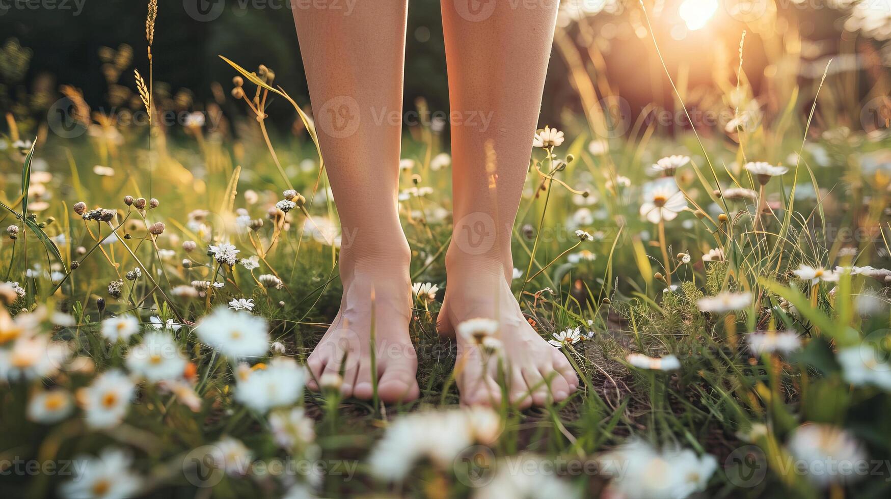 Barefoot woman enjoying a meadow filled with wildflowers photo