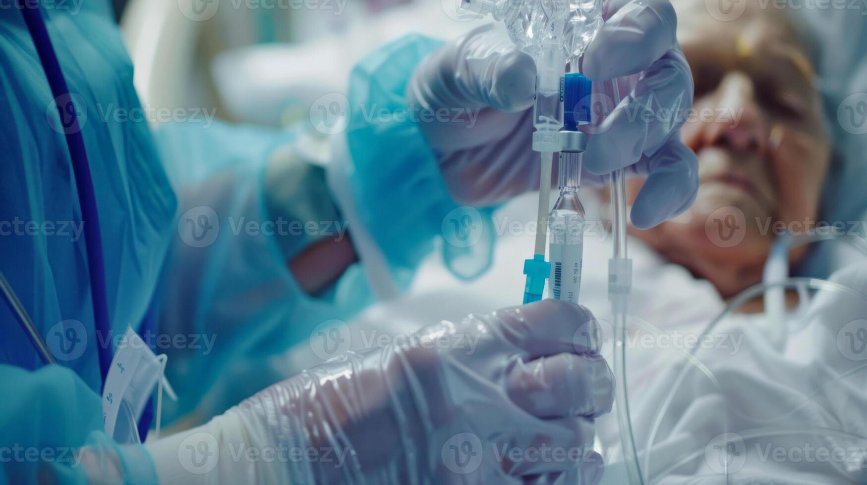 Nurse inserting IV cannula in patient's vein in hospital photo