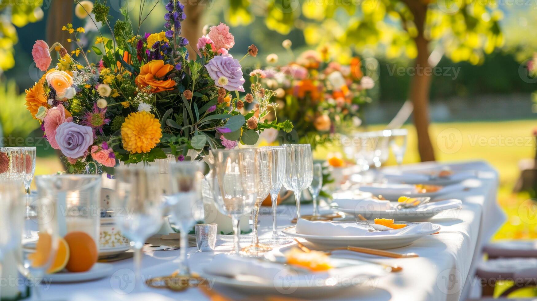 Festive wedding table setting with vibrant floral arrangements in a garden photo