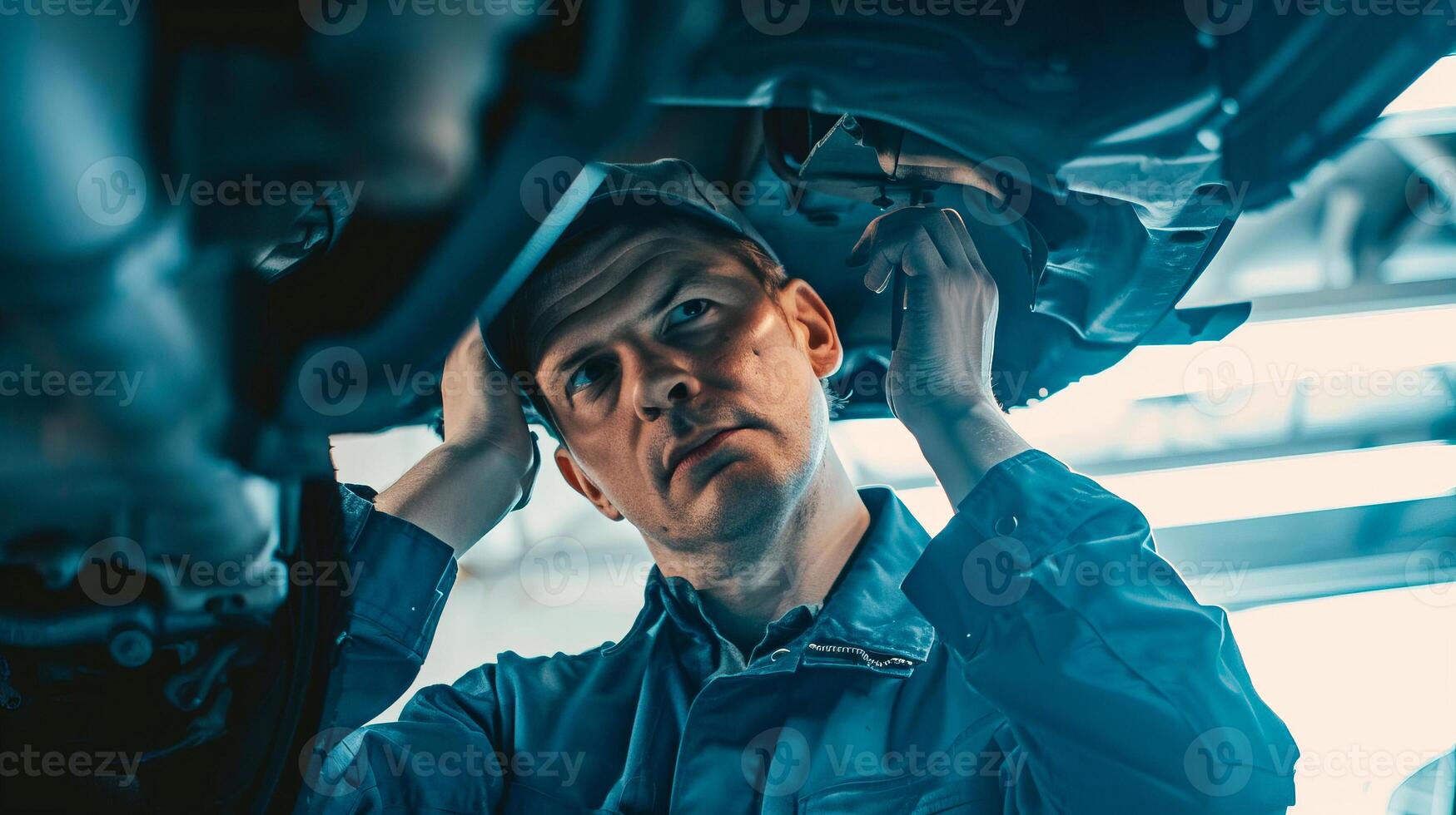 Car mechanic working on vehicle in auto repair shop photo